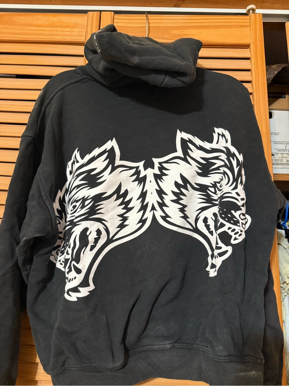 Black Hoodie with White Double Wolf Graphic